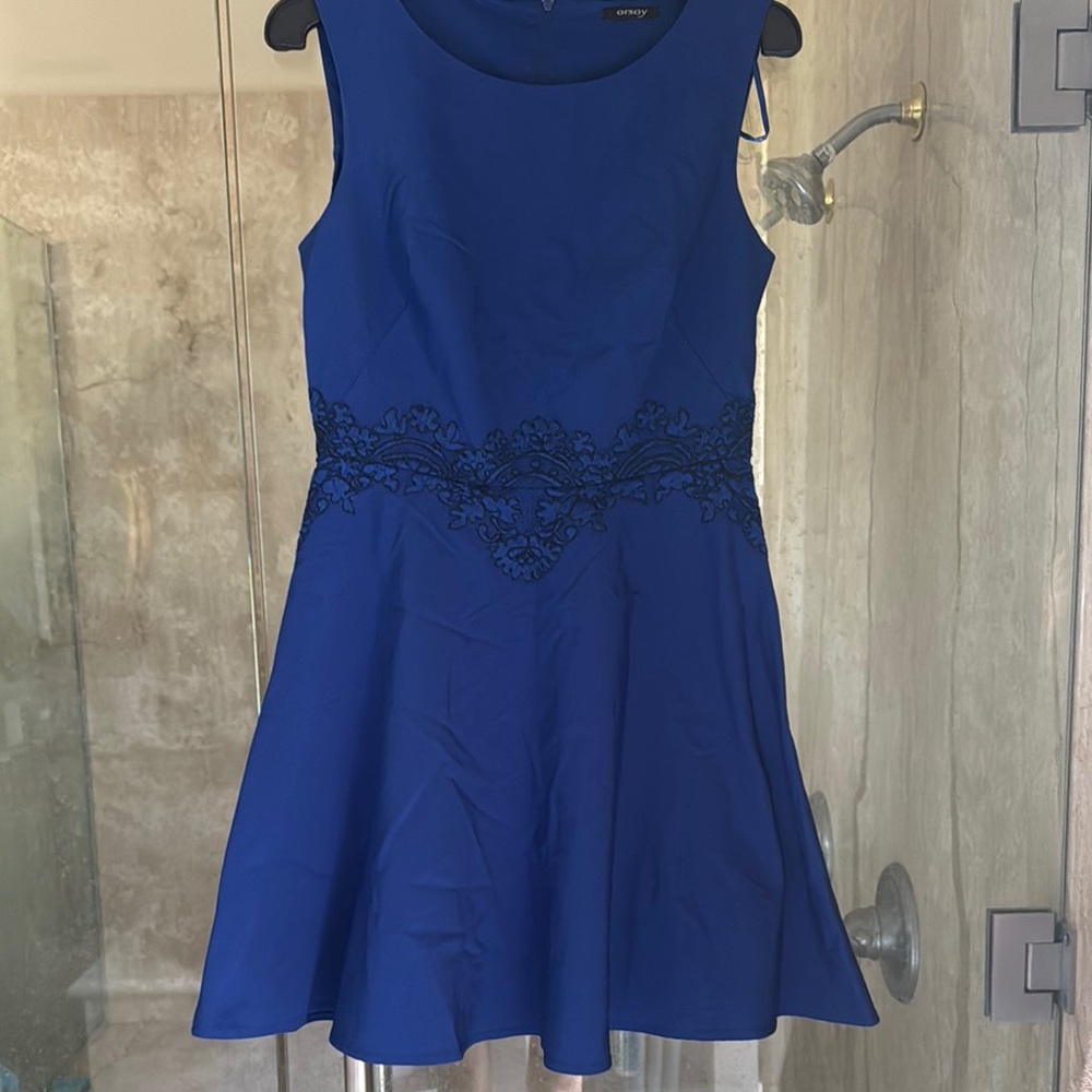 Blue and Black Embellished Fit and Flare Mini Dress